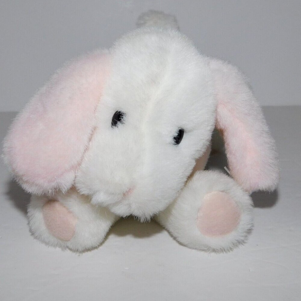 Kinder GUND White Pink Rattle Puppy Dog Plush Stuffed 7" Baby Lovey VTG 1989